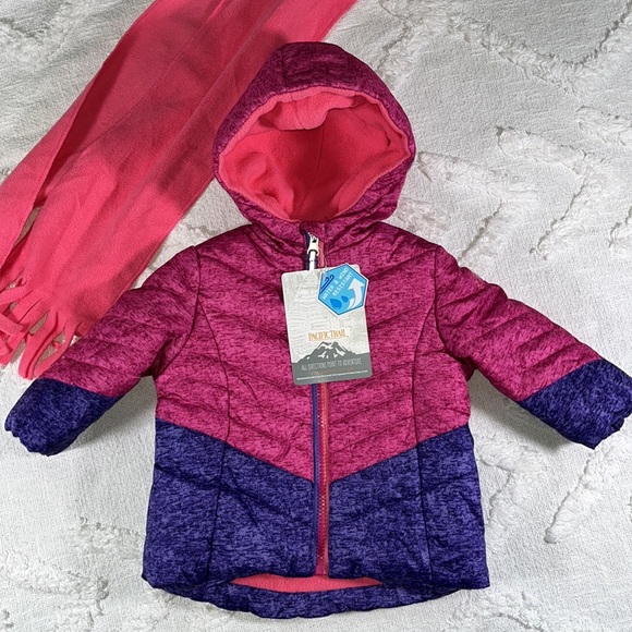 NWT Pacific Trail Hooded Puffer Winter Jacket Scarf Set Size 12 M Pink & Purple - Picture 8 of 13